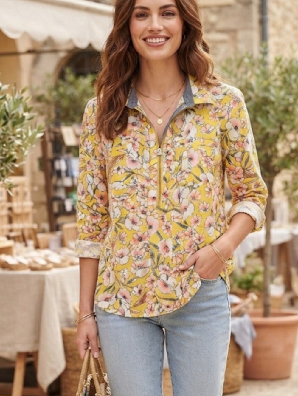 Tommy Hilfiger Yellow Floral Zip-Front Blouse.  (SKU 0017)